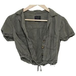 Womens Abercrombie & Fitch Green Linen Button-Up Front Pocket Shirt Size XS